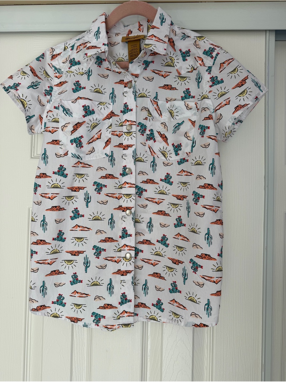 Wrangler Cotton Girls White Short-Sleeve Desert Print Western Snap Shirt Size L